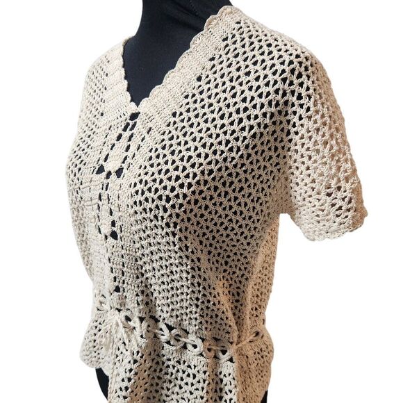 Vintage Crochet Shirt S M Cardigan Ecru V Neck Doily Scallop Loose Weave - Picture 4 of 9